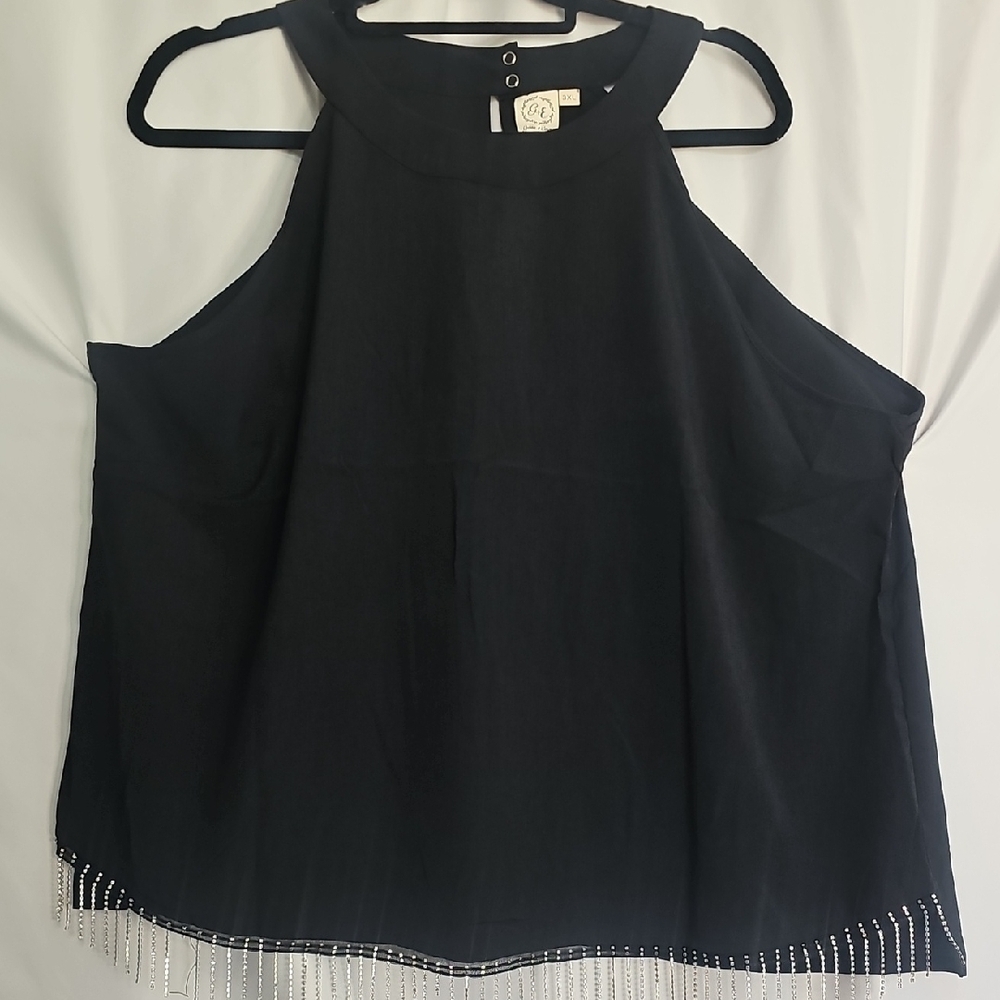 Chic Black Sleeveless Top with Fringe Accents